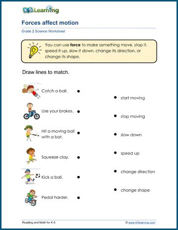 Force and Motion Worksheets | K5 Learning Motion And Force Worksheets, Force Worksheet For Grade 3, Force And Motion 2nd Grade, Force And Motion Kindergarten, Grade 2 Science Worksheets, Force And Motion Worksheets, Force Worksheet, Kindergarten Science Projects, Force Activities