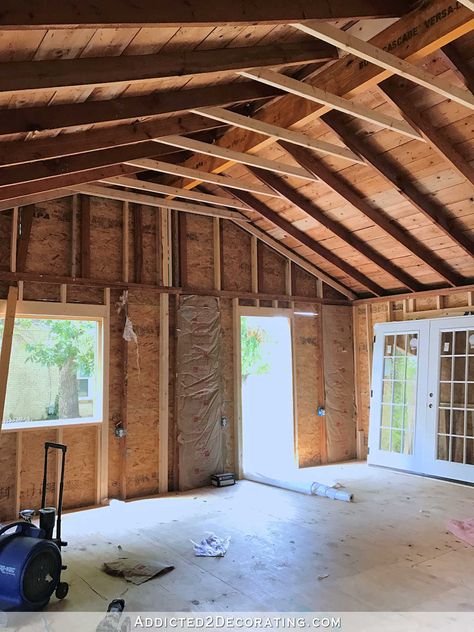 studio ceiling after vaulted ceiling Studio Ceiling, Vaulted Ceiling Ideas, Ceiling Diy, Loft Ceiling, Red Oak Hardwood Floors, Exposed Rafters, Open Ceiling, Garage Conversion, Wood Corbels