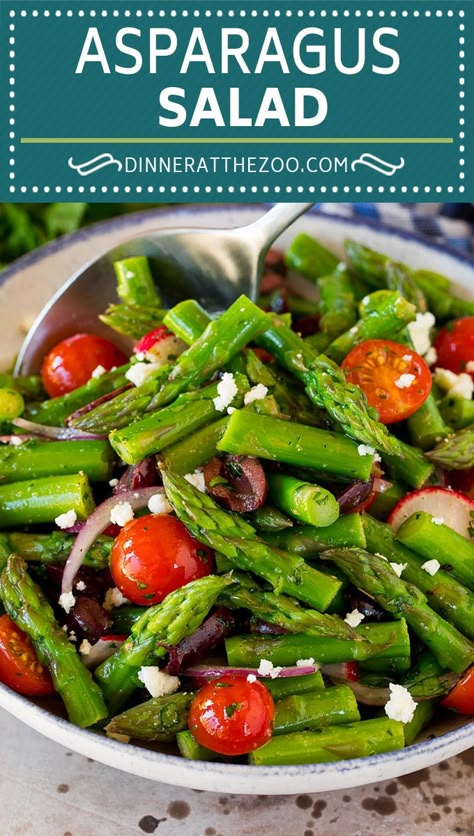 This asparagus salad is tender asparagus, tomatoes, olives, red onion and radishes, all tossed in a homemade dressing and topped with feta cheese. A unique and delicious springtime salad that is sure to get rave reviews! Best Asparagus, Tender Asparagus, Asparagus Salad Recipe, Radish Salad, Fresh Salad Recipes, Asparagus Salad, Veggie Salad, Homemade Dressing, Asparagus Recipe