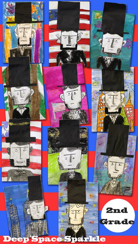 Kids learn to draw Abraham Lincoln and create a colorful, American-themed background. Great American History art activity. American History Art Projects, History Art Projects, American History Art, American History Projects, Deep Space Sparkle, 2nd Grade Art, Patriotic Art, 3rd Grade Art, Arts Integration