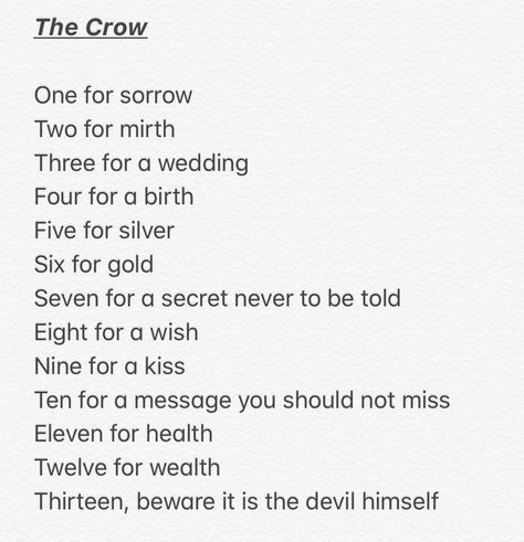 Mushroom Meaning Witchcraft, Counting Crows Poem, Literature Symbolism, Bird Meanings, Crows Meaning, Crow Symbolism, Crows Aesthetic, Funny Writing, One For Sorrow