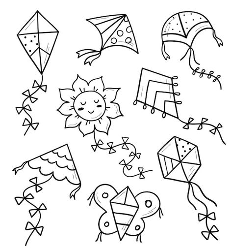 Kite Drawing Easy, Kite Designs Ideas Drawing, Kite Coloring Page, Kite Drawing Sketch, Kite Drawing Illustrations, Flying Kites Drawing, Kite Doodle, Kite Flying Drawing, Kites Drawing