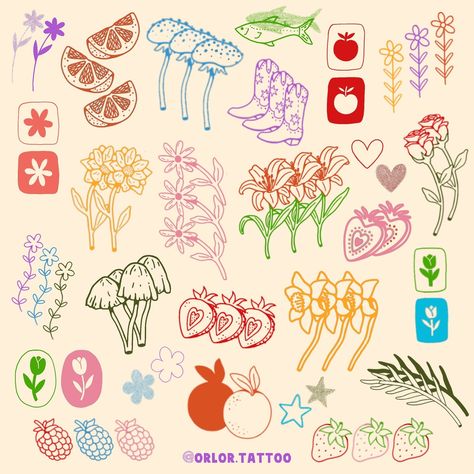 things in twos and threes 🐇 🌷 🍄 new flash available for handpoke! :) message to book or use my booking form. available in black ink or colour. swipe for colour options @harmlesstattoo Braintree, Essex #handpoke #londonhandpoke #essextattoo #flashsheet #stickandpoke #flowertattoo #smalltattoo #finelinetattoo Coloured Flash Tattoos, Tattoo Flash Color, Color Flash Tattoo, Tattoo Flash Art Flowers, Simple Flower Tattoo Flash Sheet, Colour Tattoos, Diy Coloring Books, Retro Tattoos, Handpoke Tattoo