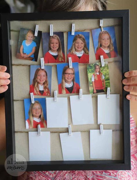 picture of shadowbox frame filled with school portraits over the years School Years Picture Display, Diy K 12 Picture Board, School Photo Gift Ideas, How To Display School Pictures On Wall, 8x10 School Picture Display Ideas, School Picture Frame Ideas, Display School Pictures On Wall, Grade School Pictures Display, Displaying School Pictures