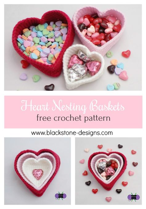 Heart Nesting Baskets - Free Crochet Pattern • Blackstone Designs Crochet Heart Box Free Pattern, Free Valentines Crochet Patterns, Free Heart Crochet Pattern, Crocheted Hearts, Heart Basket, Crochet Valentines, Crochet Valentine Patterns, Crochet Basket Pattern Free, Nesting Baskets