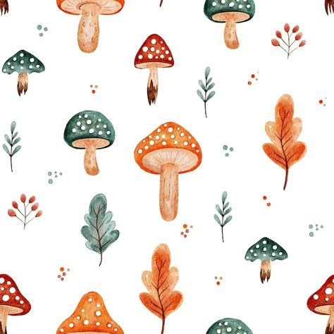 Illustration Autumn, Woodland Illustration, Mushroom Illustration, Watercolor Woodland, Autumn Watercolor, Forest Pattern, Leaves Autumn, Woodland Forest, Red Ink