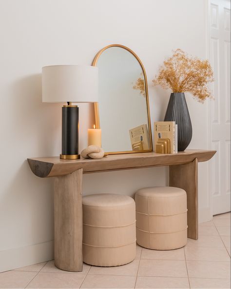 Entryway decor, neutral decor, holiday decor Console Table Entryway Modern, Black Console Table Entryway, Console Table With Stools, Neutral Entryway, Modern Console Table Entryway, Modern Wood Console Table, Black And Gold Decor, Charm Bracelet Tattoo, Artistic Sketches