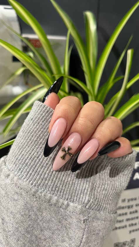 Alomd Nails Ideas For Fall, Black French Tip Nails Ideas, Almond Cross Nails, Long Almond Nails With Charms, Almond Nails With Cross Charm, Black Nails Charms, Black On Black French Tip Nails, Black Nails With Cross Charm, Almond Nails With Cross