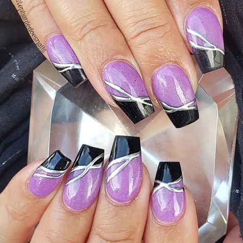 Black and purple Black Silver And Purple Nails, Black White And Purple Nails, Purple Black And White Nails, Purple And Black French Tip Nails, Lavender And Black Nails, Purple And Black Nail Ideas, Purple And Black Nails, Purple Wedding Nails, Leo Nails