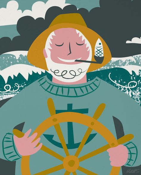 Fisherman illustration by Matt Johnson for Seasalt Cornwall Cornwall Illustration, Fisherman Illustration, Nautical Graphics, Nautical Illustration, Book Illustration Design, Nautical Inspiration, Watercolor Mermaid, Sea Captain, Seasalt Cornwall