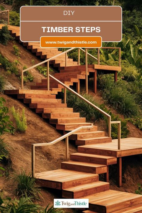 Discover creative designs for 3-step outdoor stairs that add both style and functionality to your exterior spaces. #CreativeDesigns #OutdoorStairs #DIYProjects #GardenIdeas #StylishOutdoor Stairs Outside Outdoor Steps, Steps On A Slope, Timber Steps, Stairs Designs, Exterior Handrail, Beach Stairs, Stairs Outdoor, Chalet Ideas, Diy Steps