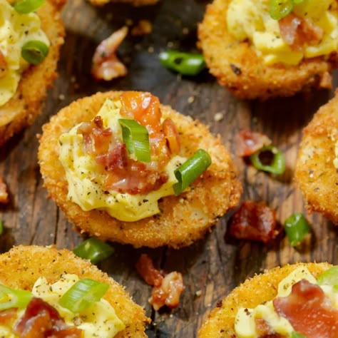 Fried Deviled Eggs | Foodtalk Recipes With Hard Boiled Eggs, Deep Fried Deviled Eggs, Deviled Eggs With Bacon, Eggs With Bacon, Fried Deviled Eggs, Deviled Egg Recipes, Greek Seasoning, Deviled Eggs Recipe, Sweet Pickles