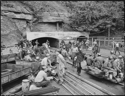 Changing shifts at the mine portal in the afternoon, Floyd County, Kentucky, 1946 Appalachian History, Steel Company, Floyd County, Cats Paw, Railroad History, Coal Miners, Western Life, Cat Paw Print, Coal Mining