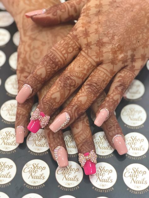 Wedding Nails Extensions, Hot Pink Bridal Nails, Gel Extension Designs, Bridal Nail Extension Designs Indian, Bridal Nails Unique, Engagement Nail Art Brides, Indian Bridal Nails Designs Brides, Wedding Nail Designs For Bride 2024, Heavy Nail Art Design