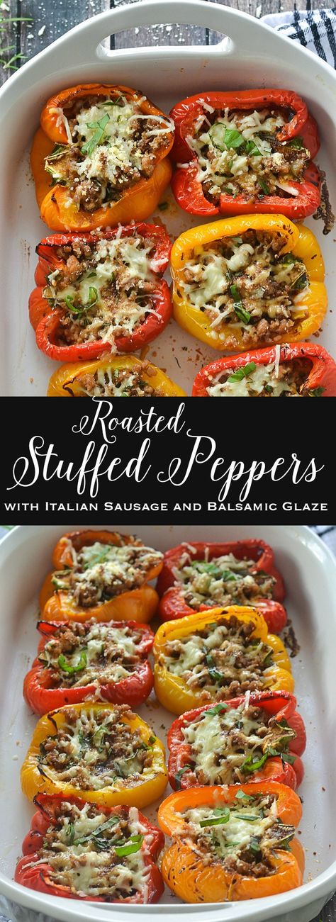 Roasted Stuffed Peppers with Italian Sausage and Balsamic Glaze | www.motherthyme.com Stuffed Peppers With Italian Sausage, Stuffed Peppers Oven, Roasted Stuffed Peppers, Oven Ideas, Italian Sausage Recipes, Balsamic Glaze, Sausage Recipes, Bell Peppers, Italian Sausage