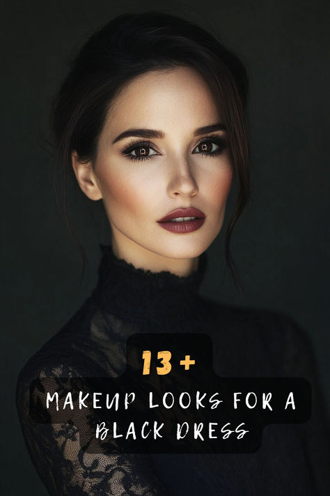 Looking flawless in a black dress starts with the right makeup! These 13 ideas, from bronze shadows to red lips, are perfect for brown eyes. Click now! 💄🌟🖤 #MakeupIdeas #BrownEyesStyle #BlackDressMakeup #BeautyGoals #ElegantLooks #ChicAndStylish #MakeupTips Best Eyeshadow Looks For Brown Eyes, Makeup Looks To Make Eyes Look Bigger, Black And Gold Dress Makeup, Make Up With Black Dress Formal, Pink Eyeshadow On Brown Eyes, Black Sequin Dress Makeup, Makeup For Black Dress Wedding, Black Eye Color Aesthetic, All Black Outfit Makeup