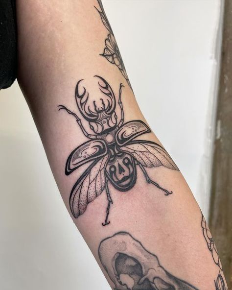 American Traditional Beetle, Traditional Beetle Tattoo, Transforming Tattoos, Stag Beetle Tattoo, Colour Tattoos, Horse Tattoo Design, Beetle Tattoo, French Tattoo, Neotraditional Tattoo