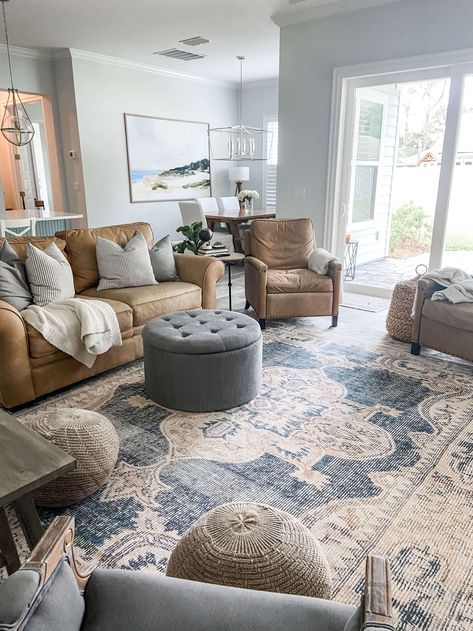 Coastal Family Rooms Casual, Beige Couch Living Room Pop Of Color, Light Blue Farmhouse Living Room, Gray And Blue Coastal Living Room, Light Blue Brown Living Room, Sand And Blue Living Room, Light Blue Lounge Room Decor, Light Blue Boho Living Room, Living Rooms With Blue Accents