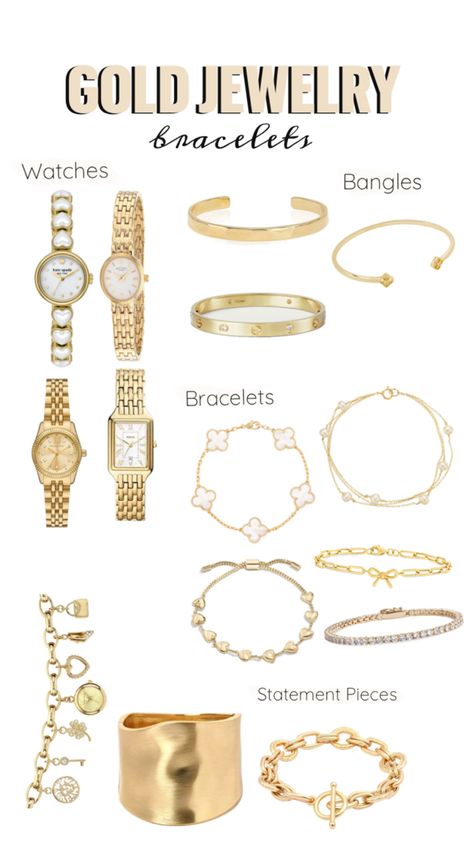 Gold, Jewelry, Bracelets, capsule wardrobe, #fashion Gold Jewelry Bracelets, Capsule Wardrobe Jewelry, Jewelry Collage, Wardrobe Fashion, Bracelet Inspo, Jewelry Bracelets Gold, Capsule Wardrobe, Statement Pieces, Bracelet Watch