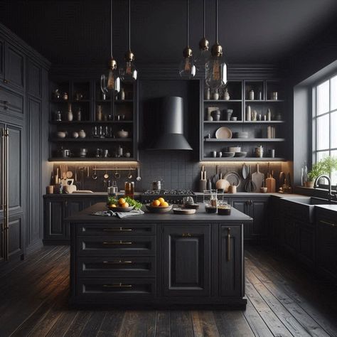 Dark Kitchen Dark Cozy Kitchen Aesthetic, Dark House Interior Design, Dark House Interior, Colorful Dishware, Dark Kitchen Ideas, Mansion Kitchen, Moody Kitchen, Barn Kitchen, Dark Wood Cabinets