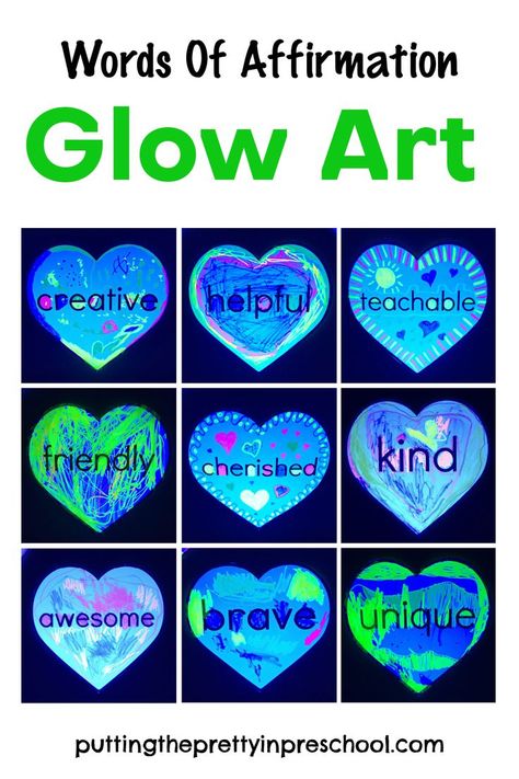 This black light "Words Of Affirmation" Glow Art activity is a must-try. It is a science, art, and language self-esteem-building project. Words Of Affirmation Activities, Glow Theme Classroom Door, Glow In The Dark Arts And Crafts, Glow Party Crafts For Kids, Neon Day Activities, Glow Day Craft, Glow In The Dark Art For Kids, Black Light Art Show, Glow Crafts For Kids