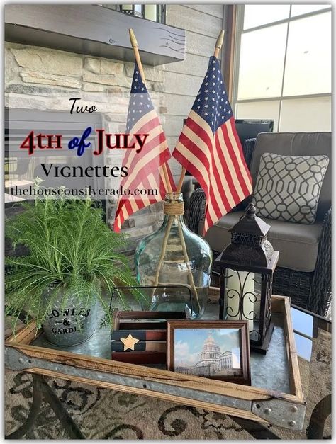 Fourth of July Vignettes Coffee Table Vignettes, Shabby Chic Decor Living Room, Three Season Porch, Chic Living Room Decor, Three Season Room, Dining Room Centerpiece, Celebration Decor, Kitchen Island Decor, Shabby Chic Living