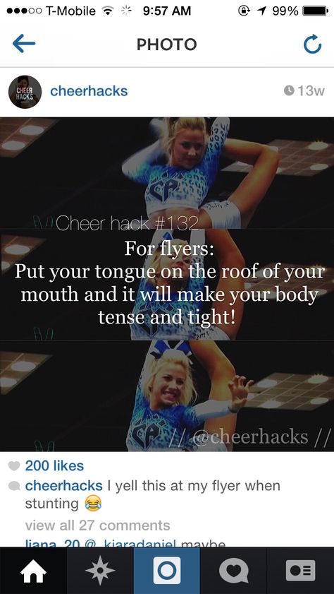 Cheer hack for flyers How To Be A Flyer In Cheerleading, Flyer Quotes, Flyer Tips, Cheer Sayings, Cheer Tips, Cheer Stretches, Cheerleading Tips, Cheer Flyer, Cheer Hacks