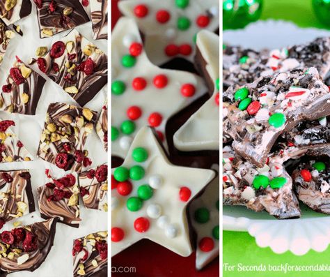 A roundup of 15 Christmas chocolate bark recipes -- handmade gift idea Chocolate Bark Ideas, Christmas Chocolate Bark Recipes, Christmas Chocolate Bark, Easy Chocolate Bark, Chocolate Bark Recipes, Chocolate Bark Christmas, Bark Idea, Christmas Recipes For Kids, Homemade Gift Idea