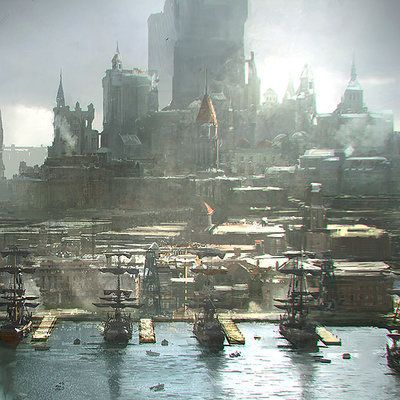 ArtStation - Painting for The Last Knights, emmanuel shiu Port City, Fantasy City, Fantasy Castle, Fantasy Setting, Fantasy Places, Landscape Scenery, Fantasy Art Landscapes, Fantasy Concept Art, High Fantasy