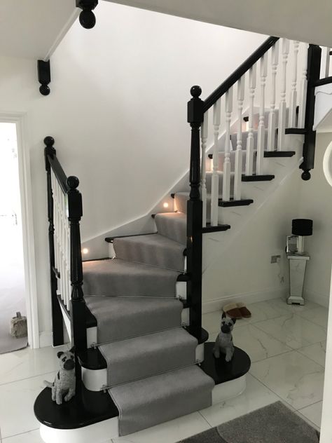 Black and white stairs Black White And Grey Staircase, Black Staircase Carpet, Black White Stairs With Runner, Black And White Staircase With Carpet, Black And White Stairs And Landing, Cream And Black Staircase, Black And White Stairs With Carpet, Grey And Black Staircase, Black And White Hall Stairs And Landing