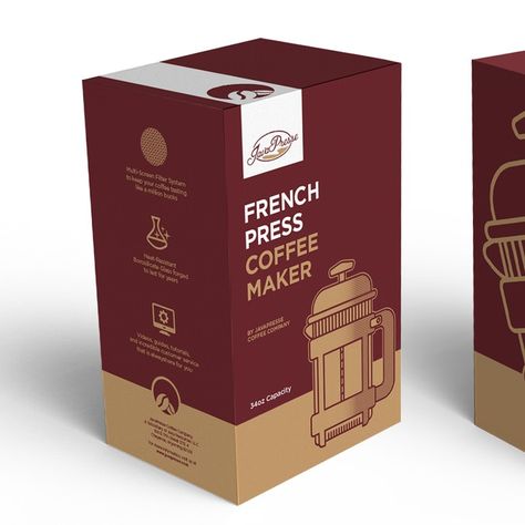 Create a Modern, Sleek, and Contemporary design for our new French Press Coffee Maker by BorkoNeric Water Label Design, Bright Packaging, Cookware Packaging, Coffee Bag Design, Cardboard Display Stand, Custom Product Packaging, Industrial Packaging, Coffee Box, Modern Packaging