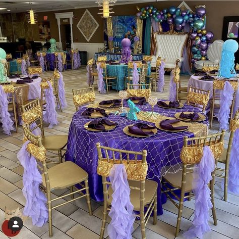 Mermaid Baby Shower Ideas, Under The Sea Quinceanera Theme, Mermaid Table Decorations, Mermaid Baby Shower Decorations, Underwater Theme Party, Aladdin Birthday Party, Mermaid Baby Shower Invitations, 37th Birthday, Ocean Birthday Party