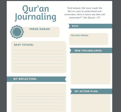 [FREE] Quran Journaling Printable by Sr. Gwan | Recite & Reflect Quran Journaling, Muslim Parenting, Quran Journal, Islam Lesson, To Do Planner, Ramadan Activities, Spiritual Journals, Ayat Quran, Study Journal