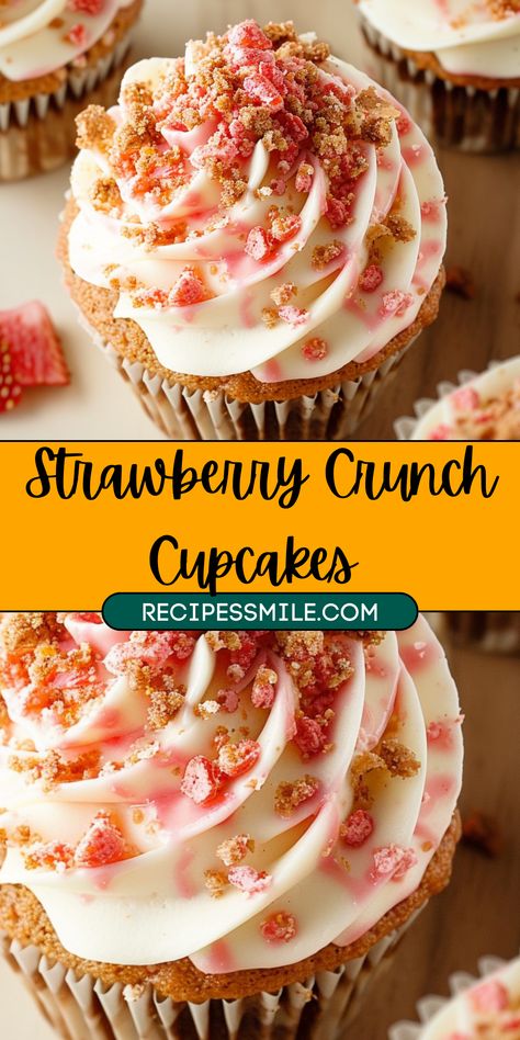 Strawberry Crunch Cupcakes are sweet, fluffy cupcakes topped with creamy frosting and a crunchy strawberry crumble. Perfect for parties or casual indulgence, these easy-to-make treats combine fruity flavors and delightful textures in every bite. Strawberry Crumb Cupcakes, Cupid Crunch Recipe, Strawberry Crunch Tacos Recipe, Strawberry Crumble Cupcakes, Strawberry Crunch Crumble Recipe, Cereal Cupcakes, Strawberry Crunch Cupcakes, Crumble Cupcakes, Strawberry Baking