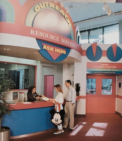 disney world retro °o° on Instagram: "the epcot outreach in communicore west, circa 1990s ✨" Library Outreach, My Dream Job, Epcot Center, Retro Interior Design, Disney Attractions, 90s Design, Retro Disney, Colorful Places, Retro Interior