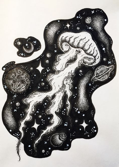 Jellyfish In Space Tattoo, Sea Space Tattoo, Negative Space Ocean Tattoo, Jellyfish Space Tattoo, Mermaid In Space Tattoo, Mushroom Jellyfish Drawing, Trippy Jellyfish Drawing, Ocean Space Tattoo, Sea And Space Tattoo