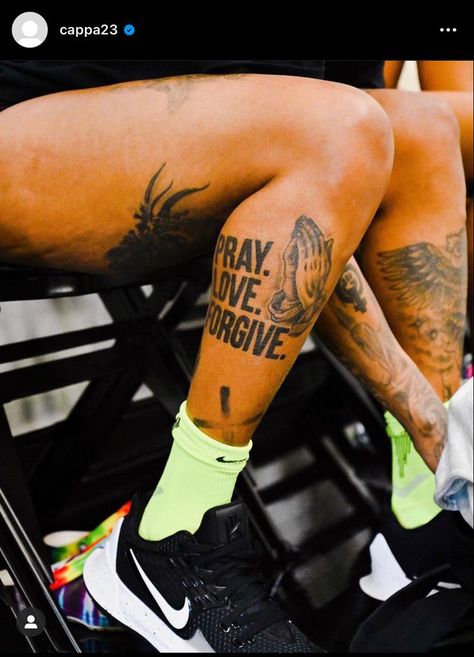 Leg Tattoos Lower Calf, Leg Tattoo Ideas For Men Calves, Tattoo To Fill In Gaps, Till I Collapse Tattoo, Fear God Tattoo Men Leg, Est Tattoos For Men, Gods Will Tattoo, Cool Tattoos For Guys With Meaning, Black People Tattoos Men