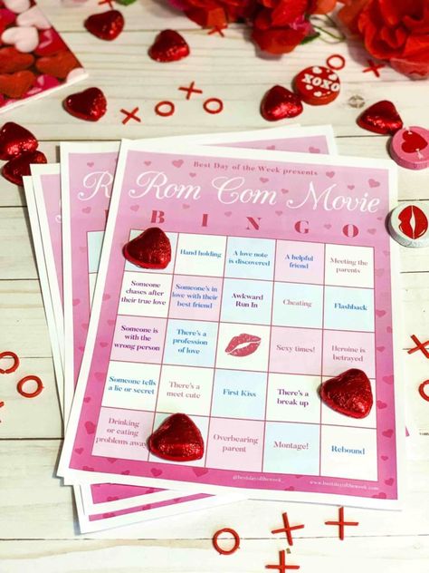 Play Rom Com Movie Bingo Movie Night List, Movie Bingo, Play Therapy Activities, Rose Drink, Valentine Bingo, Romance Film, Romantic Films, Chocolate Hearts, Make You Cry