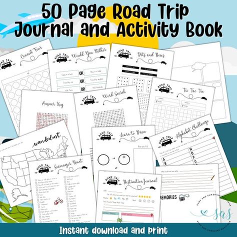 Jumbo road trip or travel activity bundle has 11 different fun activities and games to keep kids entertained on a long road trip. Pages include:- 2 Page Destination Journal to keep memories of places visited and things done x 5 - Travel Word Search Puzzle + Answer Sheet- Comic book page blanks x 5- Road Trip Scavenger hunt- US Map to mark route and color in states visited- Alphabet challenge game- Learn to draw a silly child step-by-step- Dots and Boxes game sheet x 5- Would you rather questions Travel Activity Book, Travel Journal Ideas Diy, Road Trip Scavenger Hunt, Road Trip Journal, Trip Journal, Comic Book Page, Alphabet Challenge, Dots And Boxes, Road Trip Activities