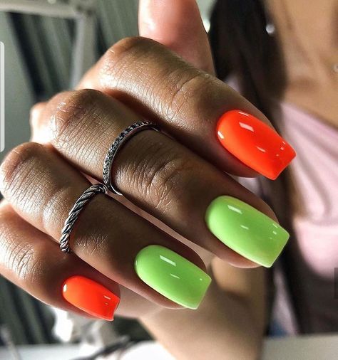 Orange And Green Summer Nails, Orange And Green Nails Ideas, Neon Orange And Green Nails, Orange And Lime Green Nails, Neon Nails Designs Short, Lime Nails Design, Neon Square Nails, Bright Neon Acrylic Nails Summer, Orange Green Nails