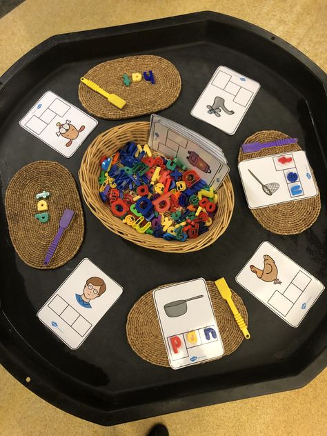 Phonics Intervention Ideas, Phonics Provocations, Eyfs Phonics Activities, Whatever Next Eyfs Activities, Phonics Tuff Tray Ideas, Literacy Activities Eyfs, Phonics Provision, Eyfs Writing Area, Phonics Tuff Tray