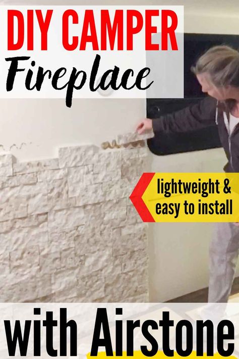 Easy and Lightweight DIY Airstone RV Fireplace Feature Wall #camperfireplace #camperfireplaceideas #camperfireplaceremodel #camperfireplaceDIY #RVfireplace #airstone #RVfireplaceideas #RVfireplaceremodel #rvfireplacemakeover #airstonefireplace #airstonewall #airstonefireplacemakeover #traveltrailerfireplace #traveltrailerremodel #traveltrailerideas Airstone Wall, Rv Fireplace, Airstone Fireplace, Fireplace Feature, Interior Accent Wall, Fireplace Feature Wall, Faux Fireplace Mantels, Diy Curtain Rods, Mantel Ideas