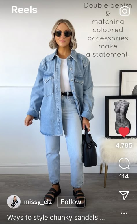 Denim Shacket Street Style, Chambray Shacket Outfit, Jean Shirt Business Casual, Denim Over Shirt Outfit, Jean Overshirt Outfit, Oversized Jean Button Up Shirt Outfit, Casual Long Sleeve Denim Shacket, Jean Shacket Outfit Women, Oversized Summer Denim Shirt