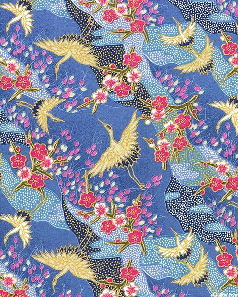 eQuilter Japanese Crane & Landscape - Blue/Gold Japanese Cranes, Asian Quilts, Japanese Crane, Dusk Blue, Plum Blossoms, Kimono Pattern, Free Quilt Patterns, Royale High, Japanese Textiles