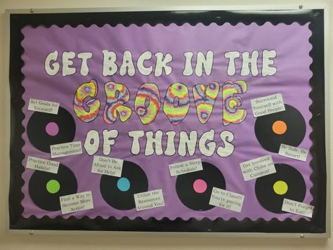 Record Bulletin Board, 60s Bulletin Board Ideas, Welcome Back High School Bulletin Board, Music Theme Bulletin Board Ideas, Music Bulletin Boards High School, Y2k Bulletin Board, Rock And Roll School Theme Bulletin Boards, Elementary Music Classroom Decor Themes, Decades Bulletin Board Ideas