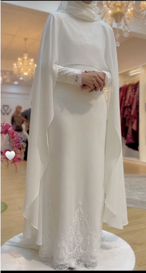 Cape Wedding Dress Hijab, Abaya For Nikah, Modest Nikkah Dress, Simple Engagement Dress Hijab, Nikkah Dress Simple, Muslimah Dress Wedding, White Abaya Wedding, Modest Wedding Dresses Hijab, Muslim Nikah Dresses