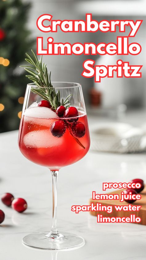 Cranberry Limoncello Spritz Holiday Prosecco Cocktails, Lemon Vodka Drinks, Holiday Martinis, Limoncello Spritz, Aperol Spritz Recipe, Limoncello Cocktails, Spritz Recipe, Party Drinks Alcohol, Prosecco Cocktails