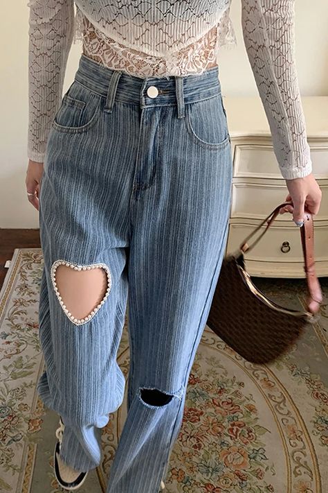 Heart Shaped Hole Wide Leg Denim Pants – Tomscloth Heart Shaped Outfit, Heart Cutout Jeans, Cute Diy Jeans, Half And Half Jeans, Pants With Hearts, Jeans With Hearts, Valentines Fashion, Grunge Heart, Heart Jeans