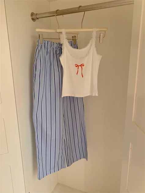 Striped and Tank Pajama Set / White + Blue | Best Stylish Bedding | Ever Lasting Cute At Home Outfits, Casual Pyjamas, Aesthetic Pajamas, Pajama Ideas, Pajama Set White, Pajamas Aesthetic, Stylish Bedding, Striped Pajama Pants, Striped Pajama