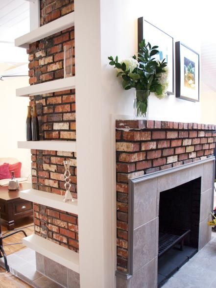 Chimney In Kitchen, Exposed Chimney, Chimney Ideas, Wall Shelf Display, Tv Over Fireplace, Lake Kitchen, Wall Storage Shelves, Fireplace Shelves, Shelving Design